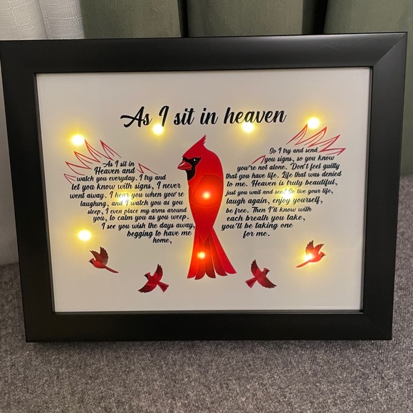AS I SIT IN HEAVEN Framed Wall or Tabletop Cardinal Light Up Condolence Gift - Picture 3 of 12